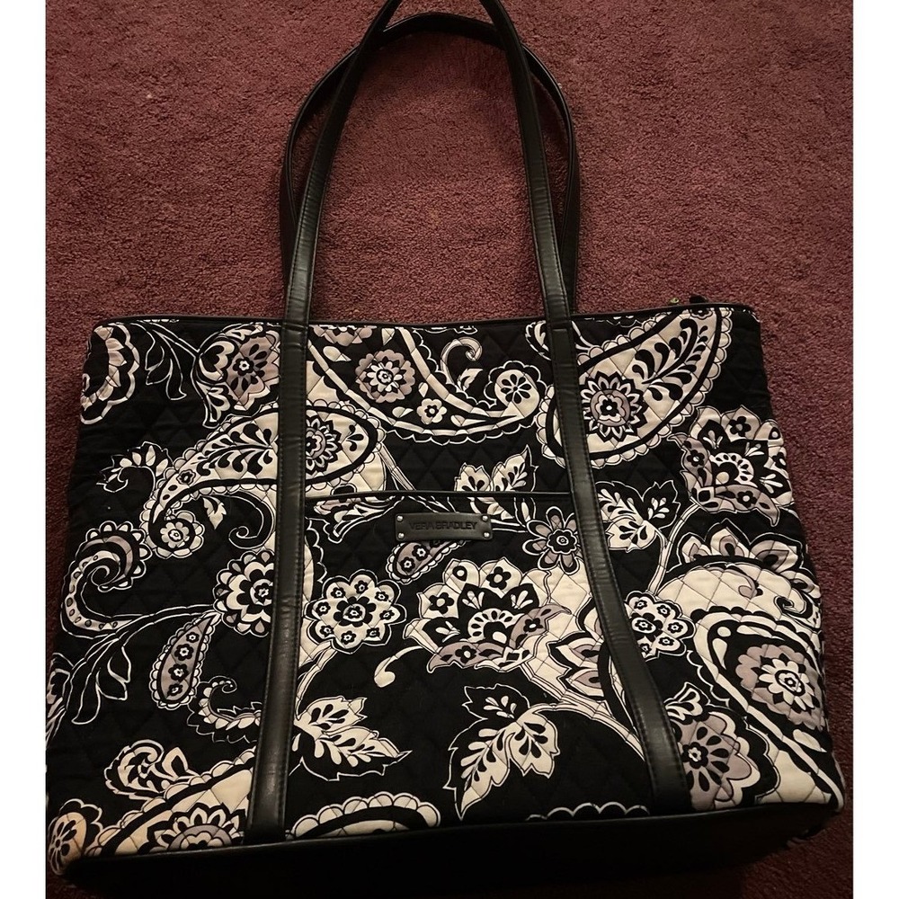 Vera Bradley Quilted Cotton Tote Bag Black White Paisley Floral Shoulder Bag